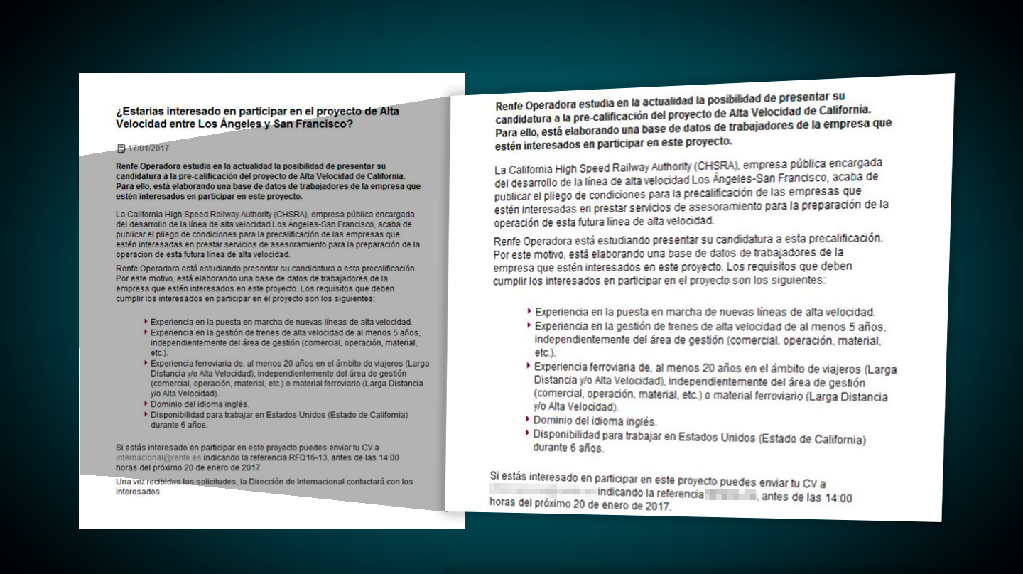 Requisitos solicitados por Renfe para apuntarse al AVE de California.