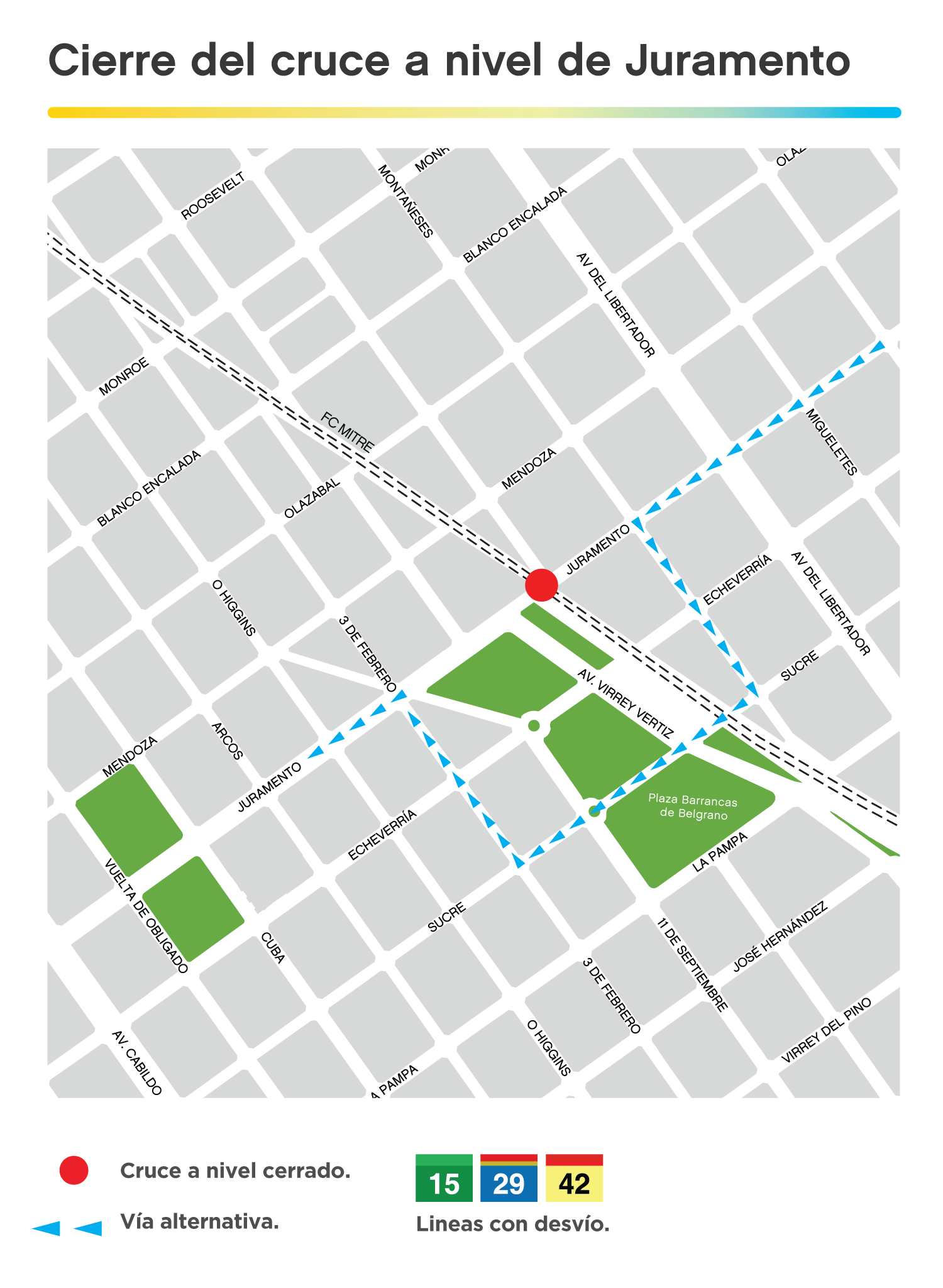 Se cerrará provisoriamente el paso a nivel Juramento por la obra del Viaducto Mitre